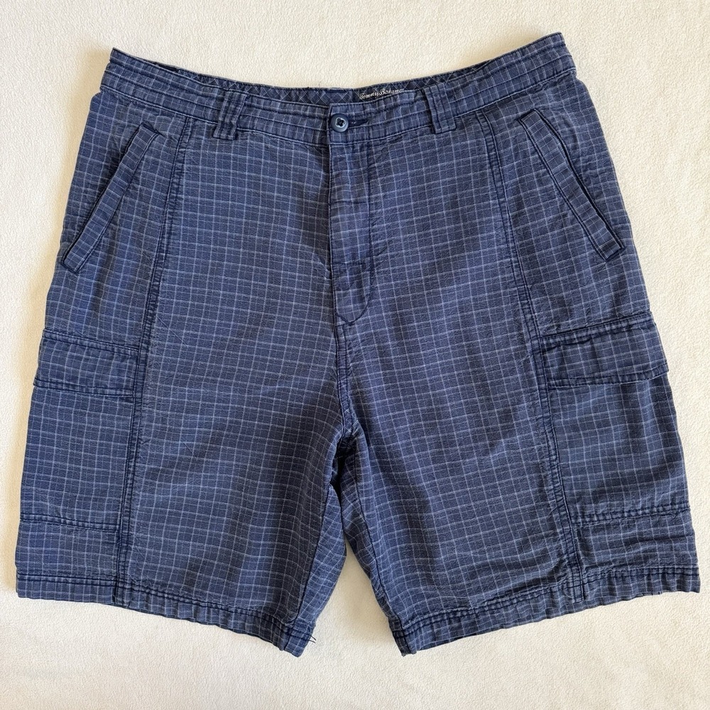 Tommy Bahama Relax Cargo Shorts‎ Grid Blue Men's 35 (31) Tencel Cotton